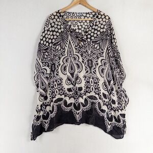 Oasis Tunic Top Cover Up 8/34 US XS Black White Geometric Silk Beaded Neckline